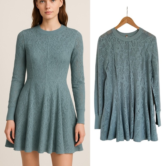 Free People Astral Sea Blue Tunic Long Sleeve Sweater Dress S - Picture 1 of 8